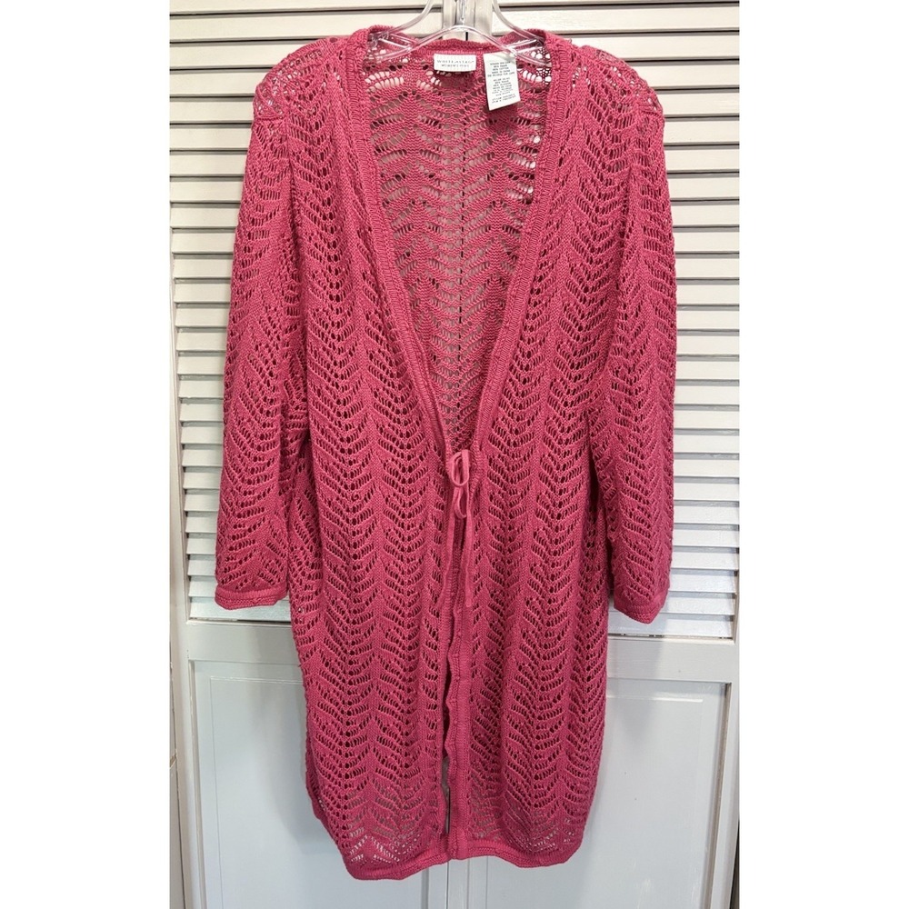 White Stag Crochet Pink Long Open Duster Size 18W/20W Tie‎ Front 3/4 Sleeve